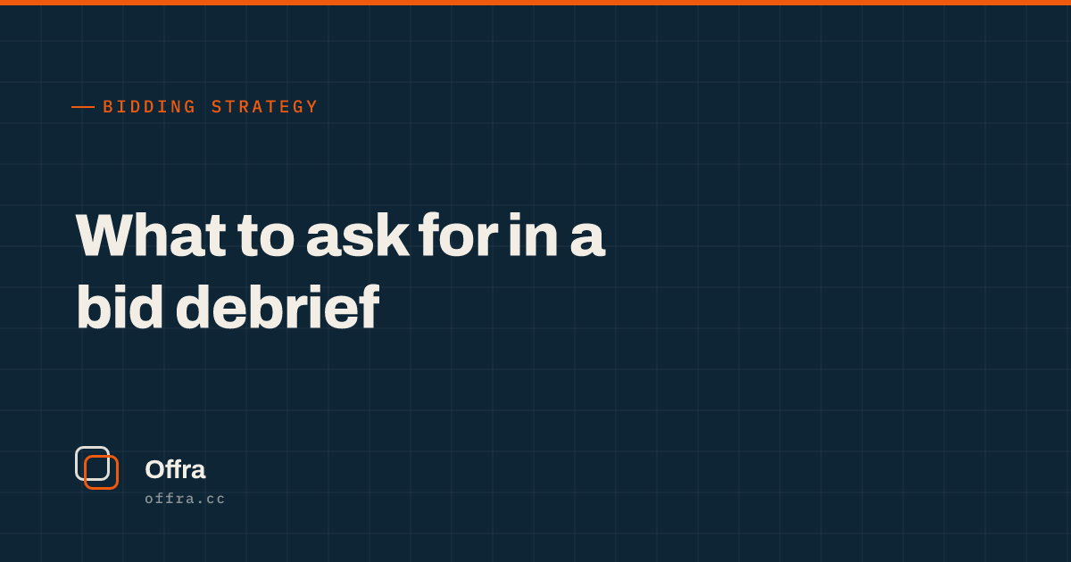 An Offra card reading "What to ask for in a bid debrief"